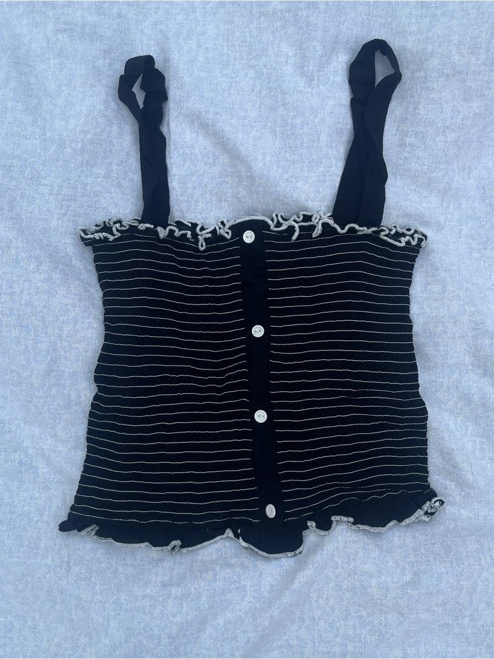Black and White Striped Ruffle-Trim Button Front Smocked Tank Top